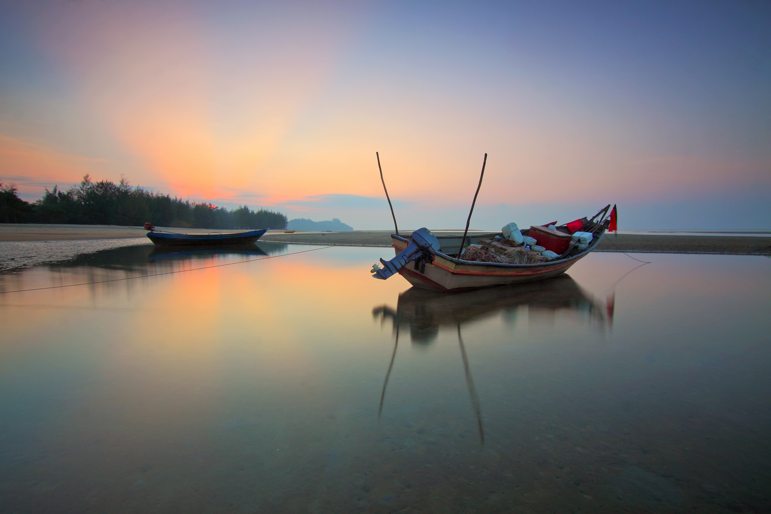 Fishing Boat Still Water Sunset