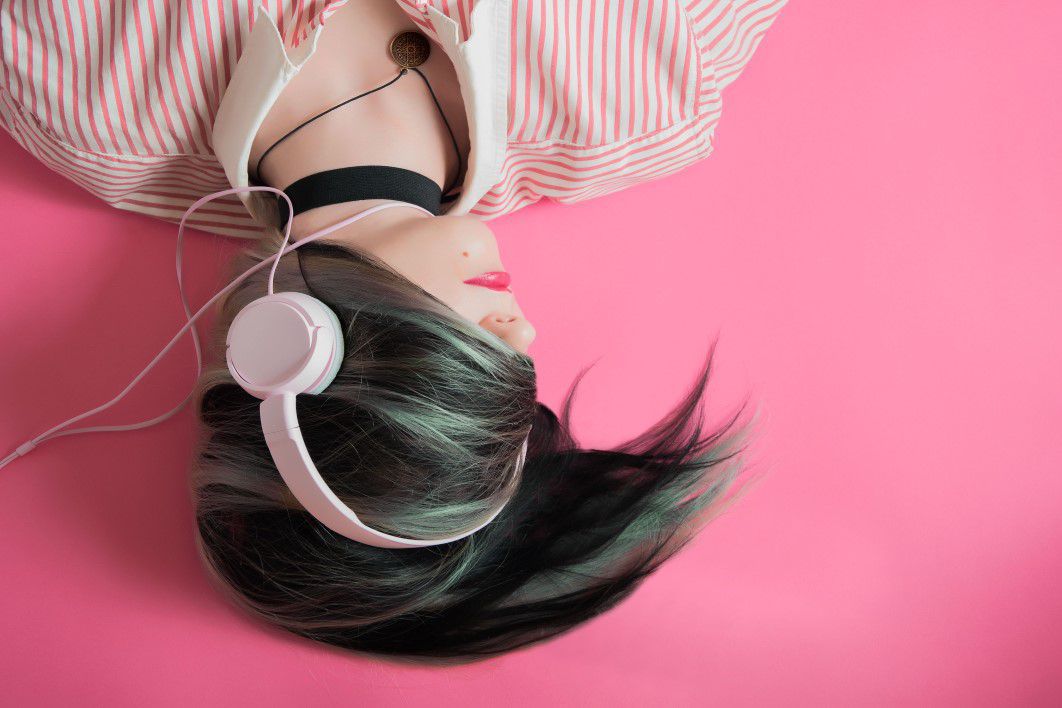 Woman Headphones Pink Background