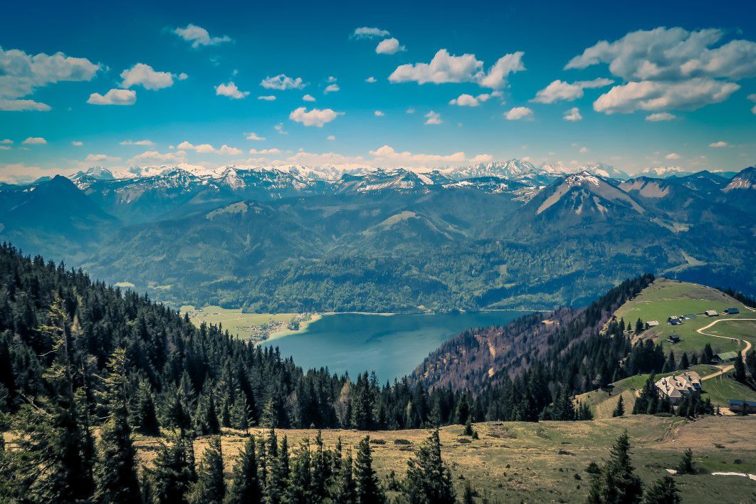 Blue Sky Snow Mountains Lake