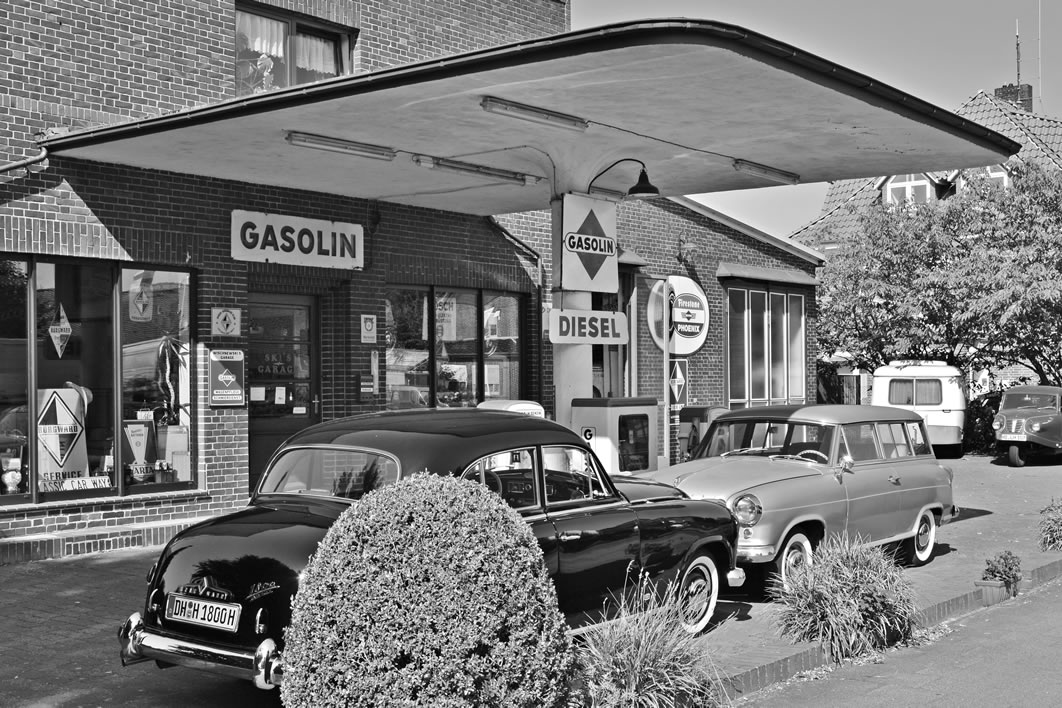 old gas station black and white