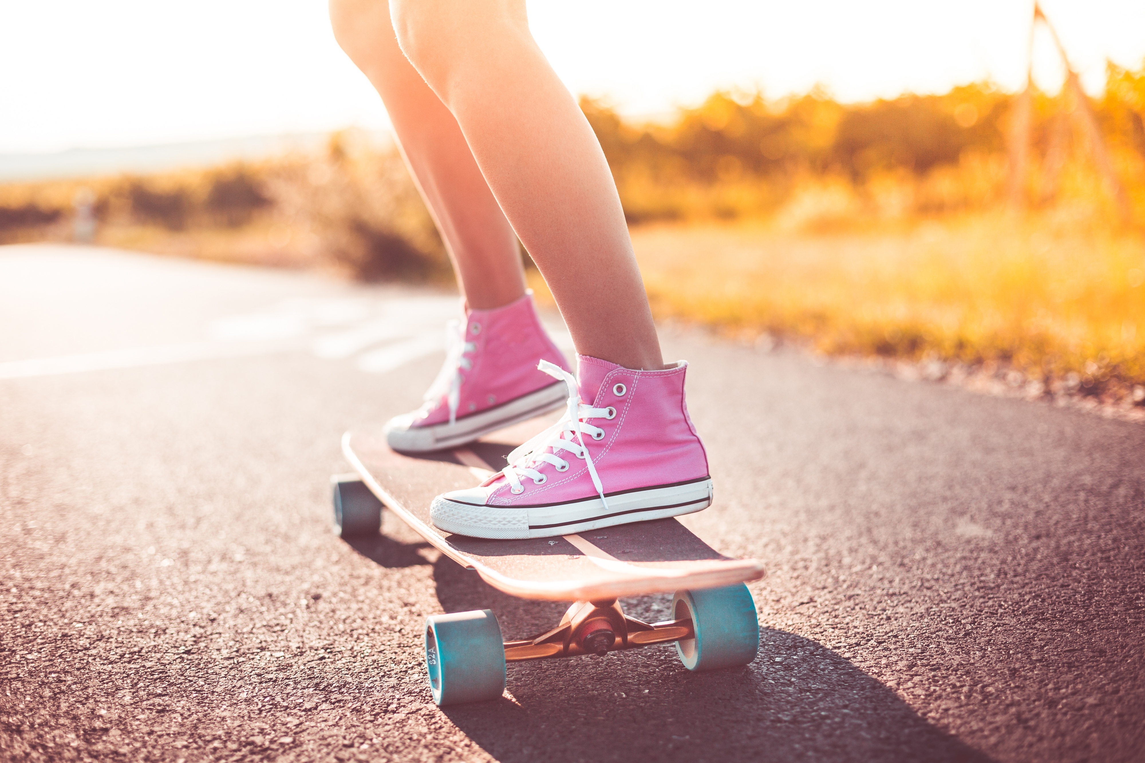 Girl Pink Sneakers Longboard Road