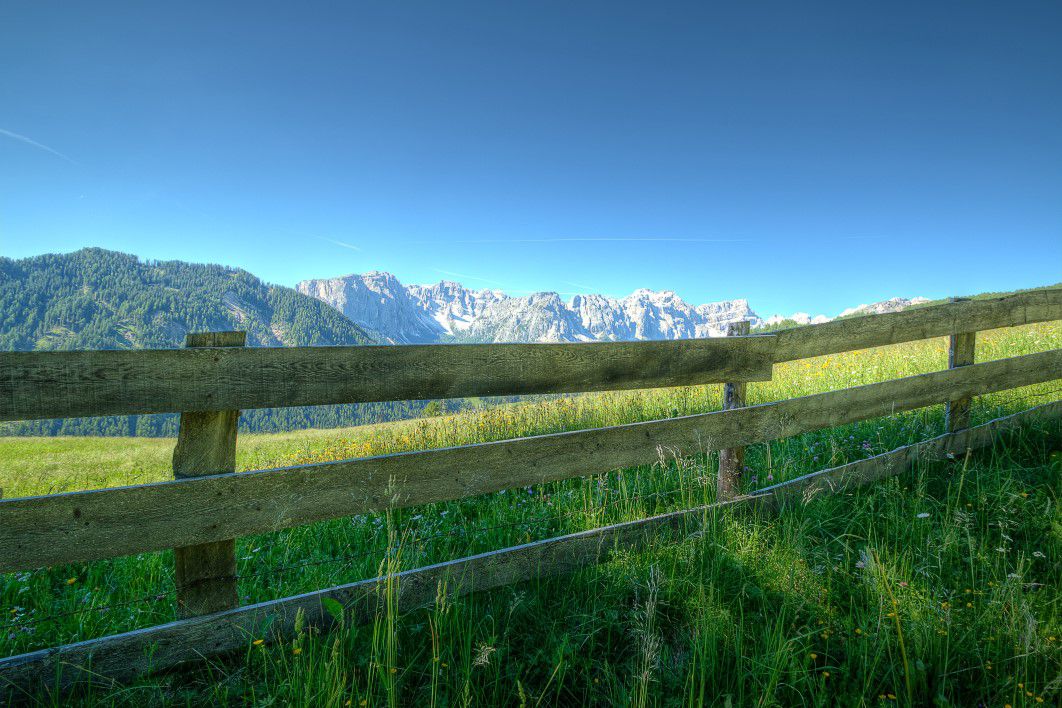 Green Fields Fence Mountain Blue Sky