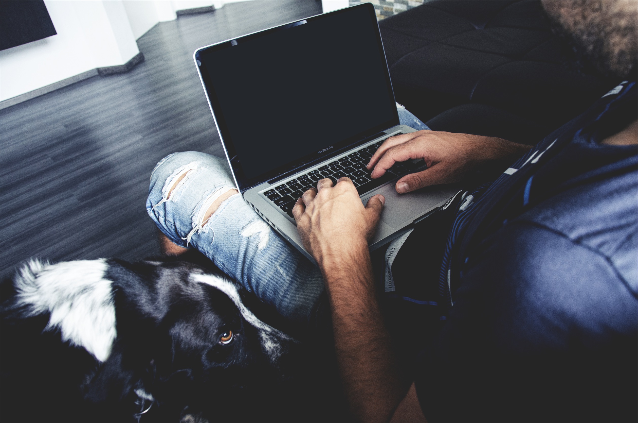 Man Laptop Sitting Jeans Ripped