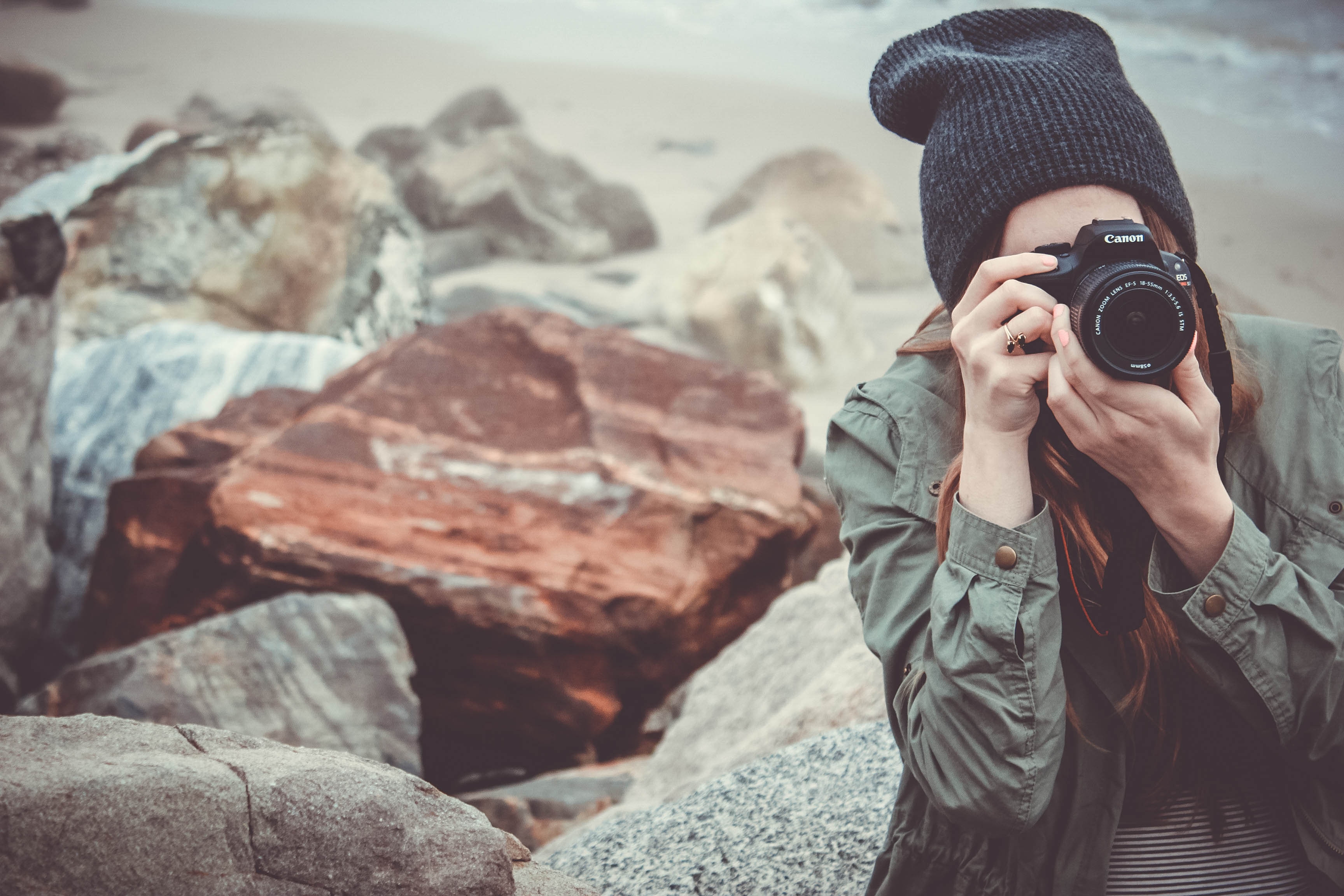 Woman Camera Hat Rock Outdoors