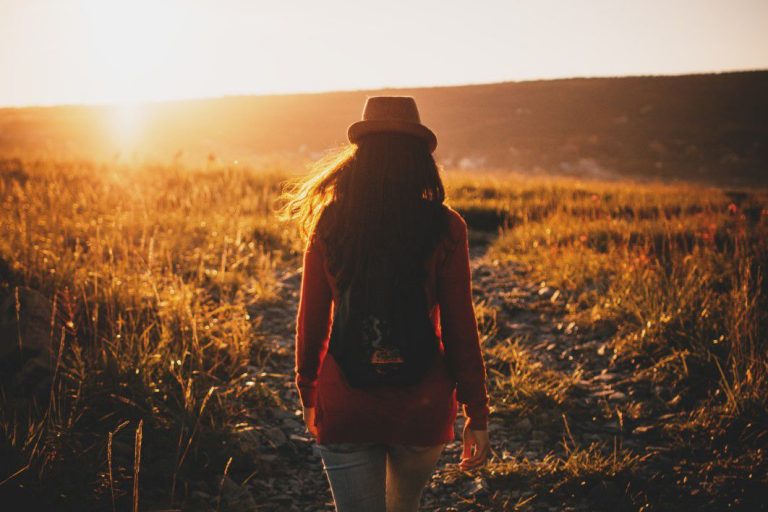 Woman Walk Field Sunset Farm Royalty Free Photo