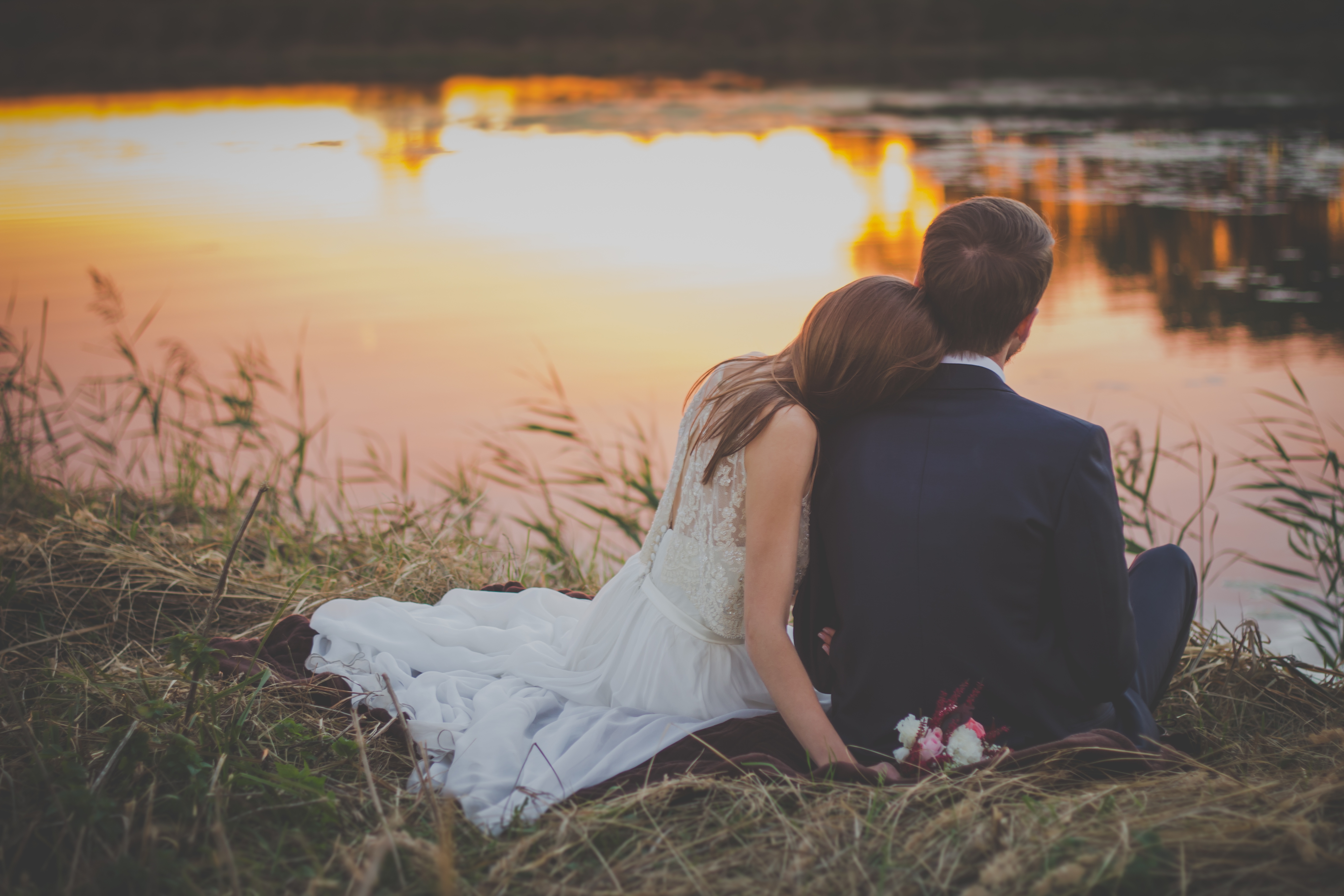 Couple Wedding River Sunset Free Stock Photo - NegativeSpace