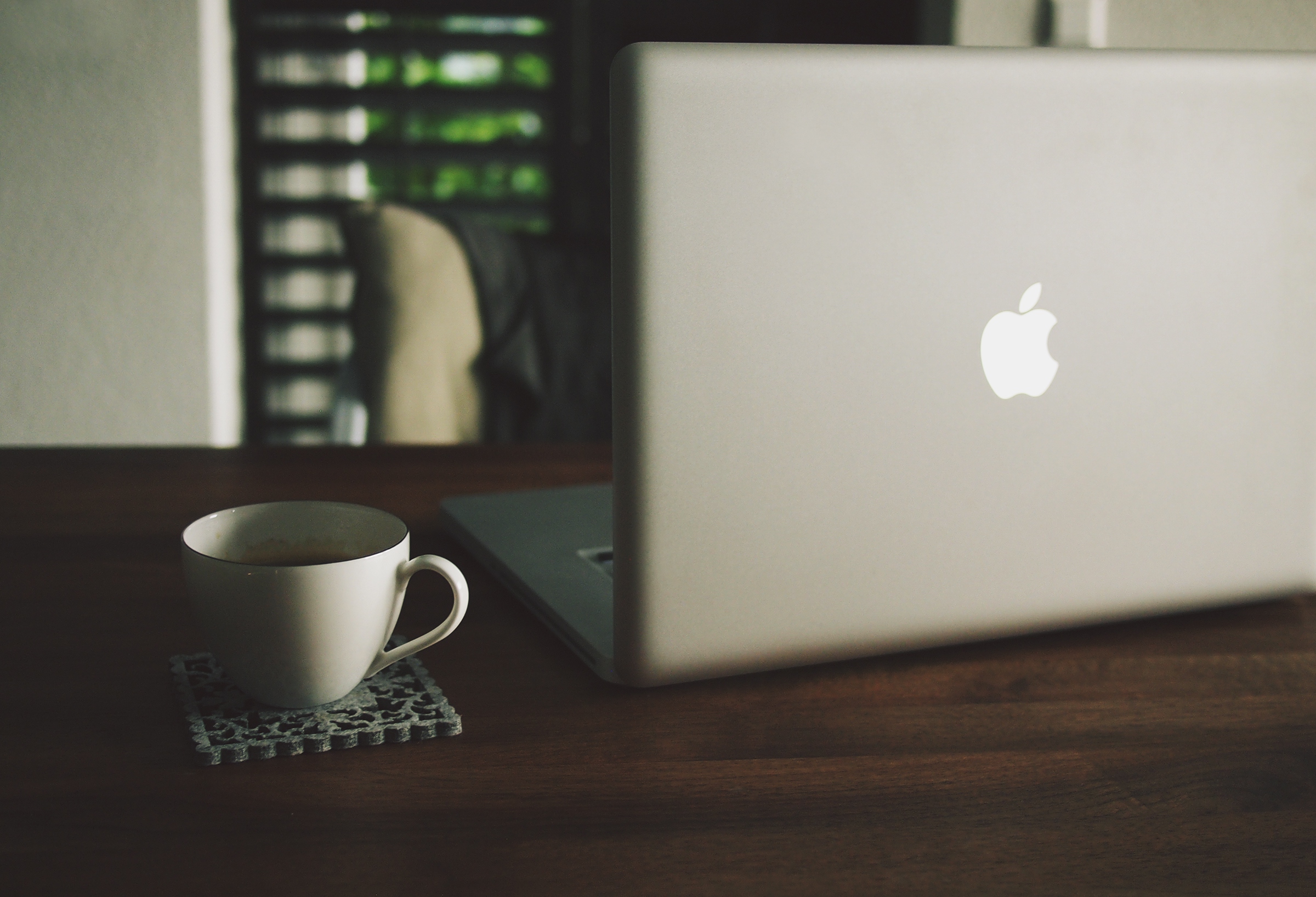 MacBook Laptop Wood Desk Coffee Cup