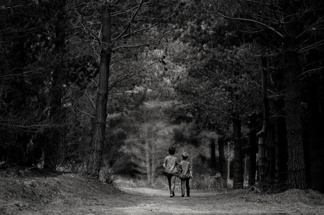 Boys Walking Forest Black White