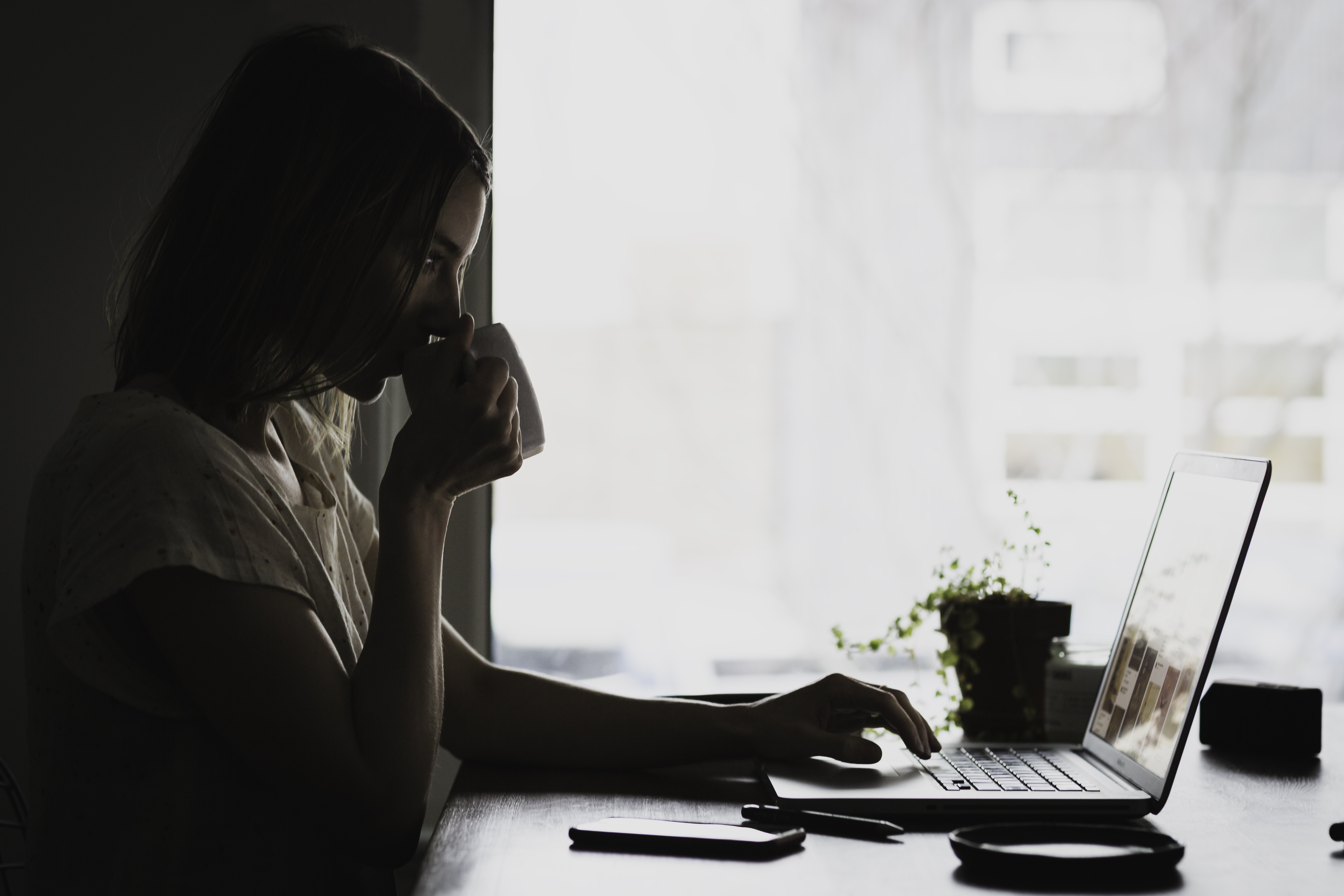 Woman Drinking Coffee Laptop