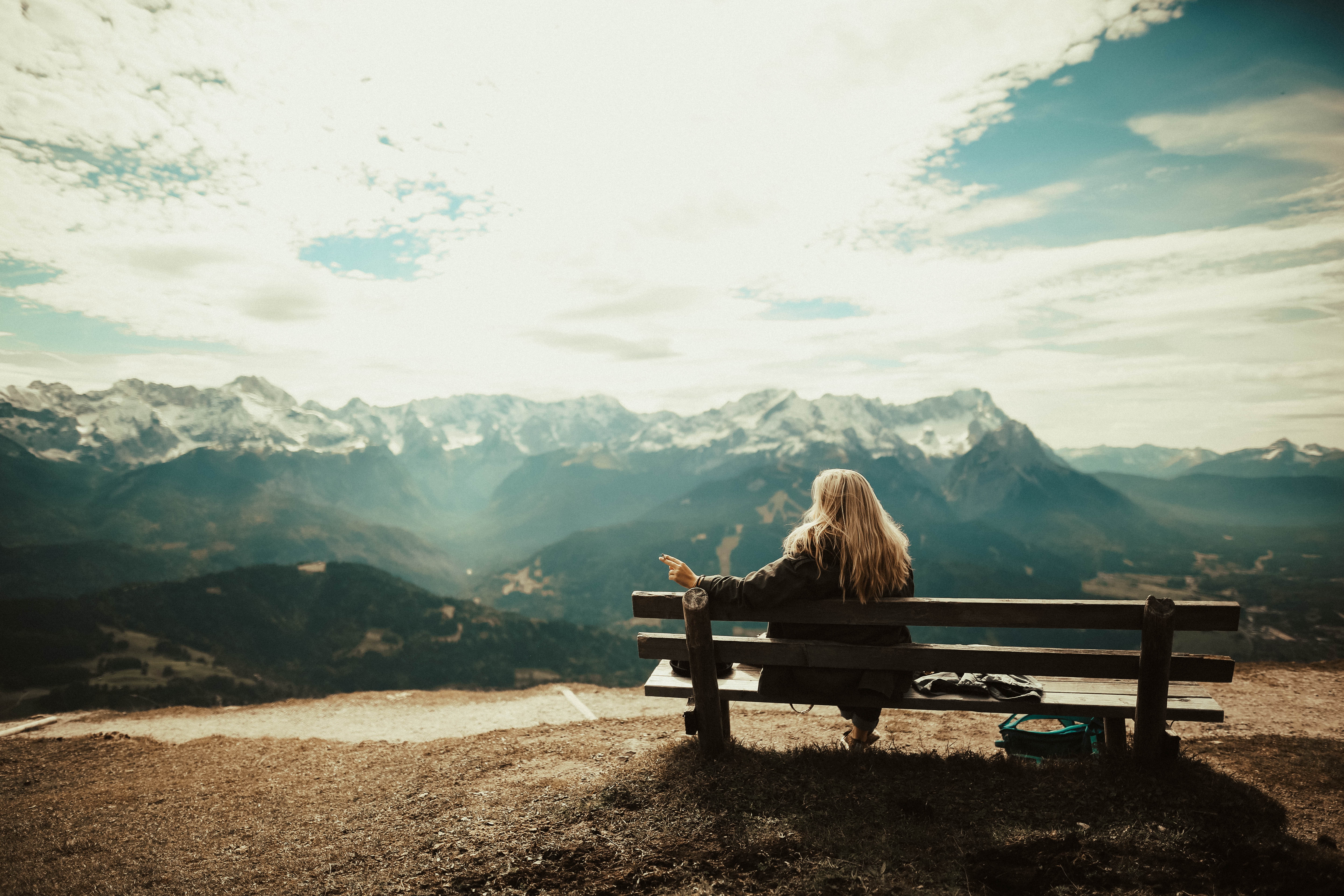Woman Sitting Bench View Mountains