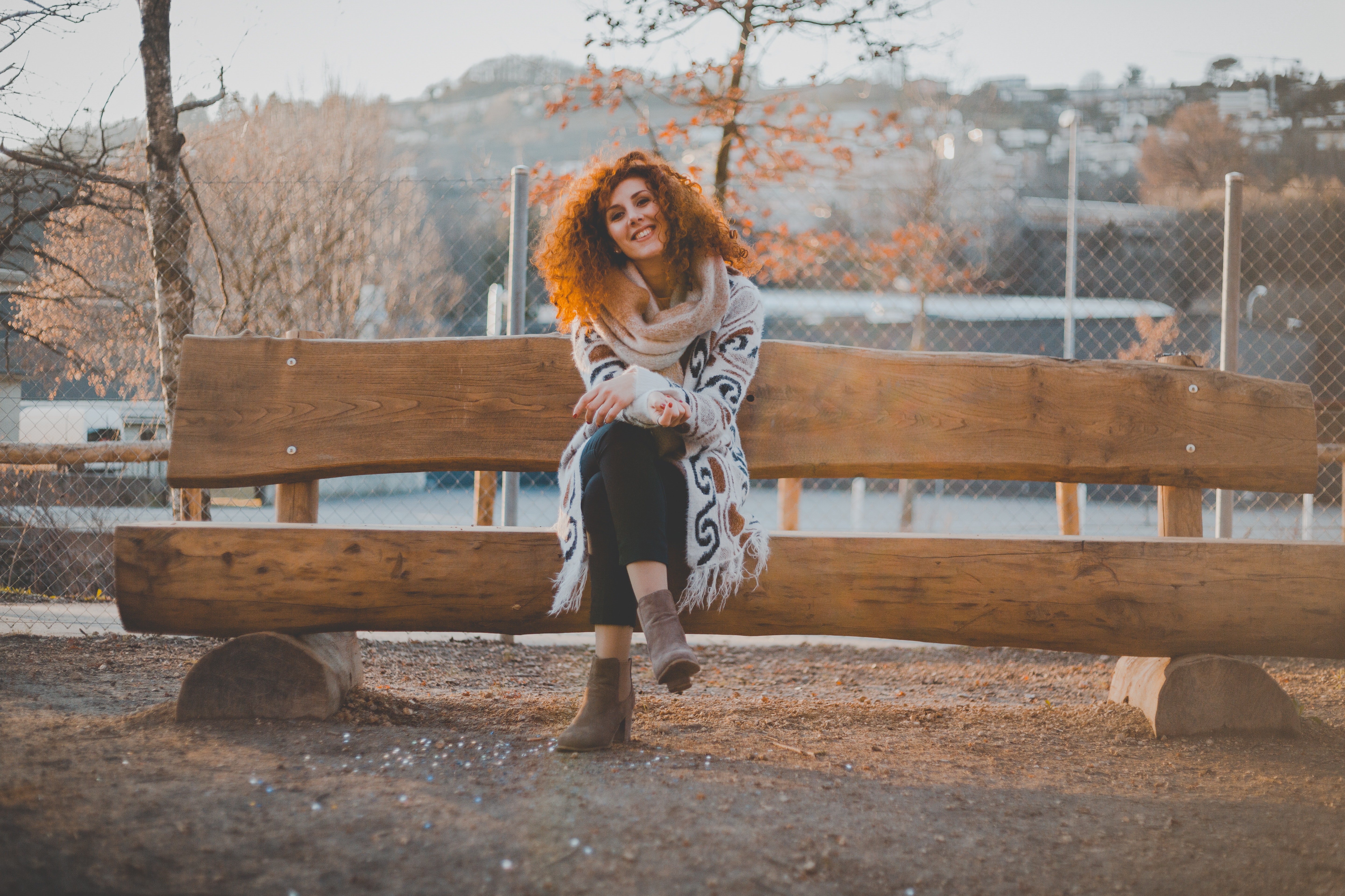 Red Hair Woman Bench