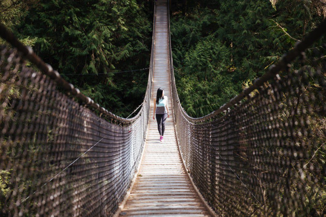 Woman Walking Swing Bridge