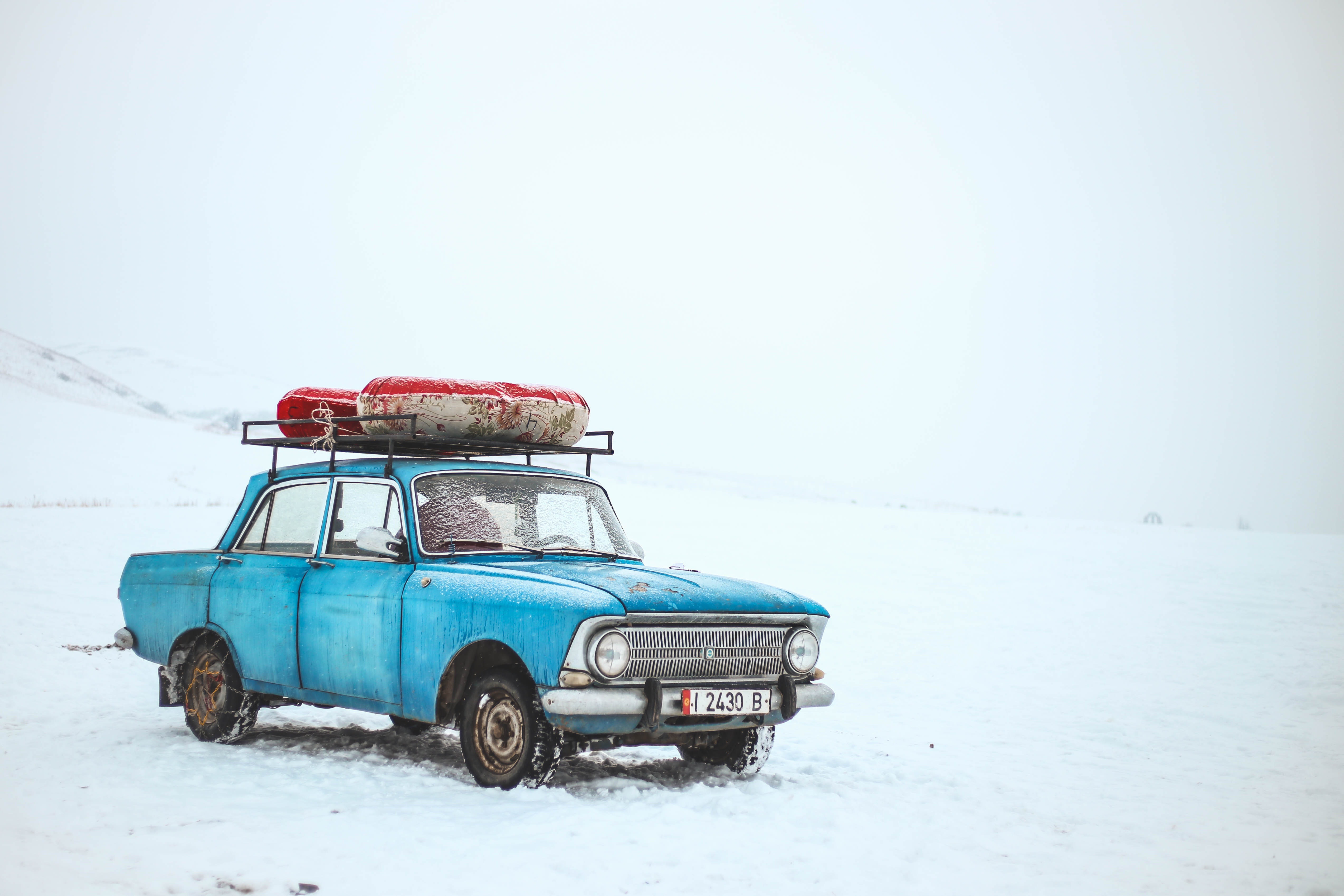 Old Blue Car Snow